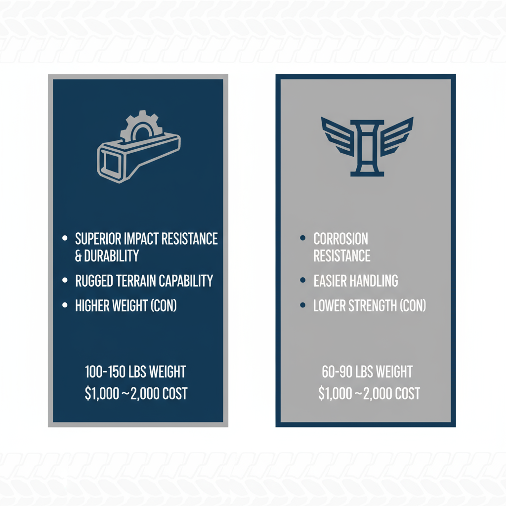 Infographic comparison of steel versus aluminum custom off-road bumpers showing pros, cons, weights, and costs.